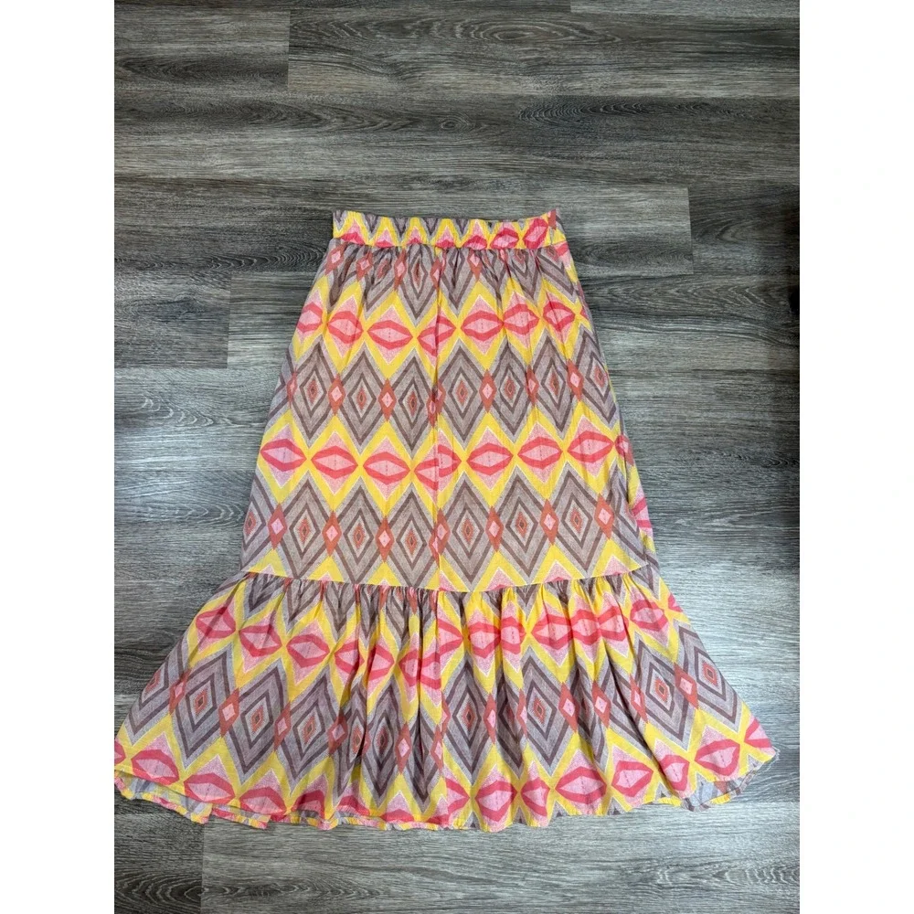 Mlle Gabrielle Tiered Maxi Skirt Womens Small Yellow Pink Geometric Print Ruffle